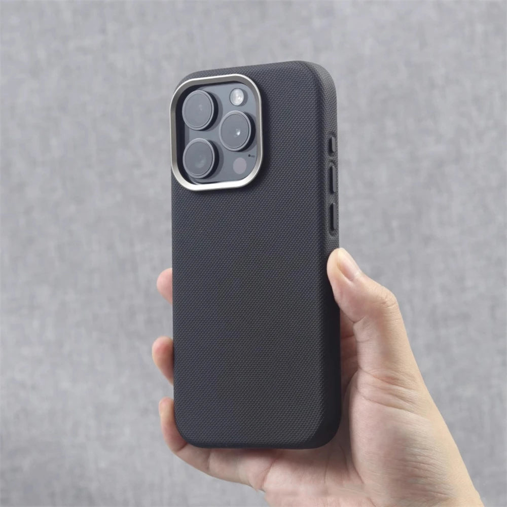 Luxury Alloy Lens Frame Particle PU Leather Magnetic Case For iPhone 17 16 Pro Max 15 14 13 For Magsafe Wireless Charging Cover