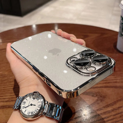 Luxury Glitter Transparent  PC Plating Case for iPhone 17 16 15 14 Pro Max Plus 13 11 12 Bling Clear Shockproof Ultra Slim Cover