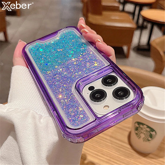 3in1 Gradient Glitter Bling Transparent Phone Case For iPhone 17 16 15 14 11 12 13 Pro Max Plus XR Heavy Shockproof Armor Cover