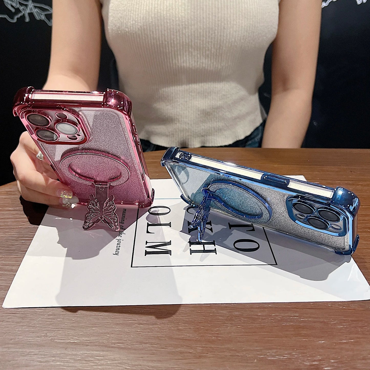 Luxury Butterfly Glitter Holder With Lens Film Phone Case For iPhone 11 12 13 14 15 16 Pro Max Plus Four Corner Anti Fall Cover