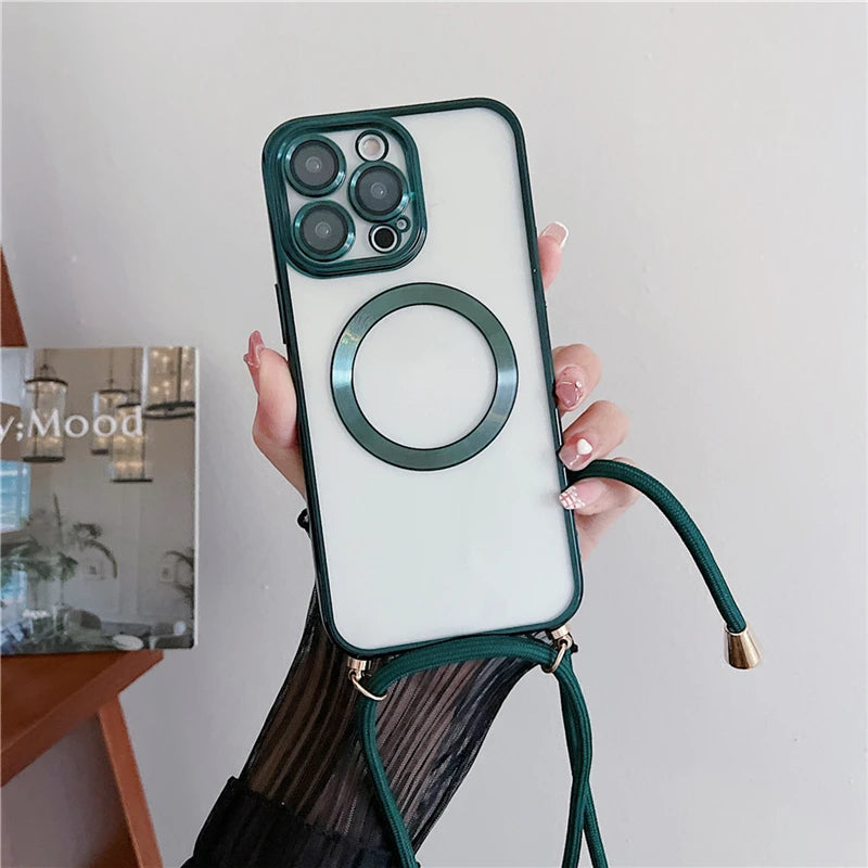 Plating Clear Magnetic For Magsafe Wireless Charging Cases For iPhone 16 15 14 17 12 13 Pro Max Crossbody Lanyard Necklace Cover