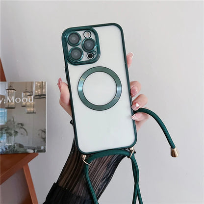 Plating Clear Magnetic For Magsafe Wireless Charging Cases For iPhone 16 15 14 17 12 13 Pro Max Crossbody Lanyard Necklace Cover