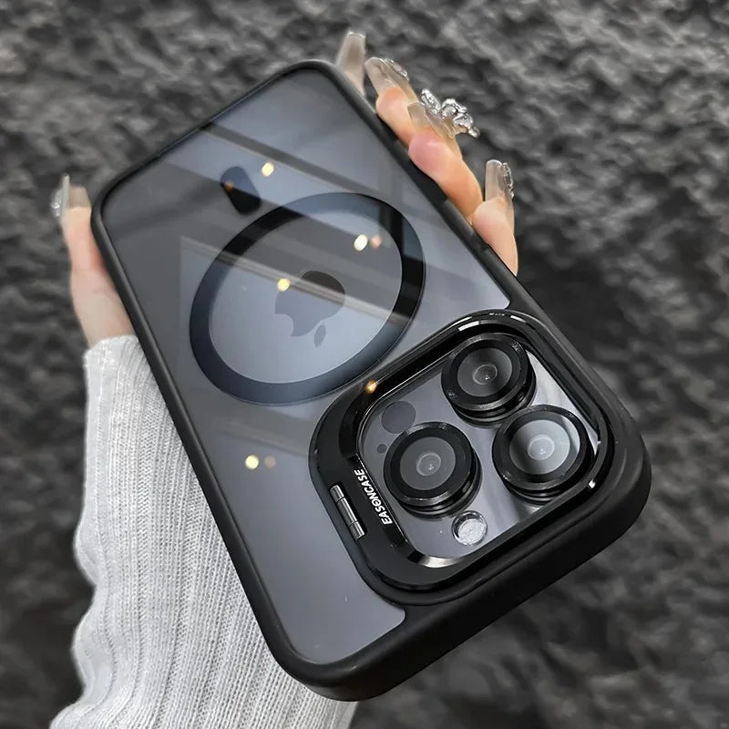 Luxury Magnetic Shockproof Phone Case For iPhone 16 15 14 13 12 11 17 Pro Max For Magsafe Funda Stand Glass Lens Protector Cover