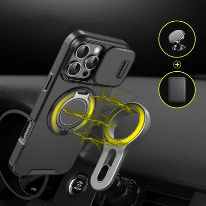 Luxury Heavy-Duty Rugged Armor Magnetic Bracket Case For iPhone 16 15 14 13 12 11 Pro Max Plus Slide Camera Protection PC Cover