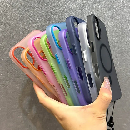 for Magsafe Candy Color Contrast Lanyard Case for iPhone 16 15 17 Pro Max 14 Plus 11 12 13 16e Hand Wrist Strap Matte Soft Cover