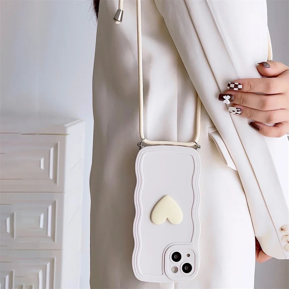 Luxury Crossbody Necklace Lanyard 3D Love Heart Wave Border Soft Case For iPhone 16 15 14 Pro Max 13 12 11 X XS XR 7 Plus Cover