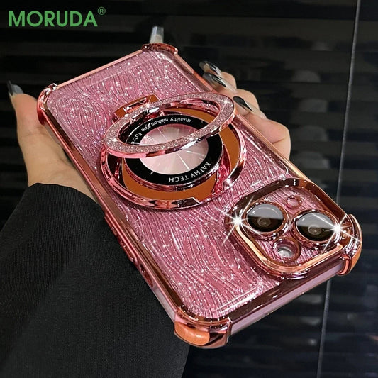 Glitter Water Ripple Logo Hole Magnetic Stand Case for iPhone 17 Air 17 16 15 14 13 12 11 Pro Max Plus Airbag Shockproof Cover