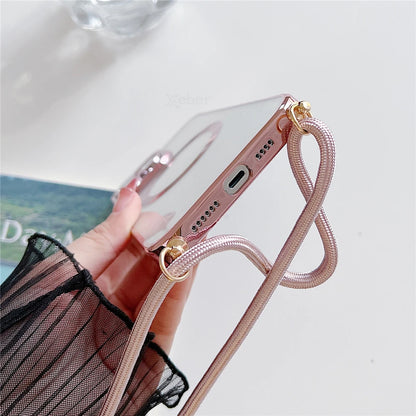 Plating Clear Magnetic For Magsafe Wireless Charging Cases For iPhone 16 15 14 17 12 13 Pro Max Crossbody Lanyard Necklace Cover