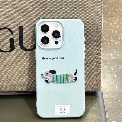 Korean Cute Cartoon Dachshund Litchi Pattern Phone Case For iPhone 15 14 13 12 16 Pro Max 11 Lovely Shockproof Soft Cover Funda