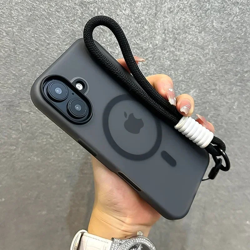 for Magsafe Candy Color Contrast Lanyard Case for iPhone 16 15 17 Pro Max 14 Plus 11 12 13 16e Hand Wrist Strap Matte Soft Cover