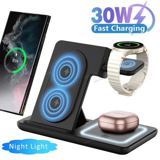 3 in 1 LED Light Foldable Wireless Charger Stand For Samsung S24 S23 Galaxy Watch 2-8 Active 1 2 Buds Pro Fast Charging Station
