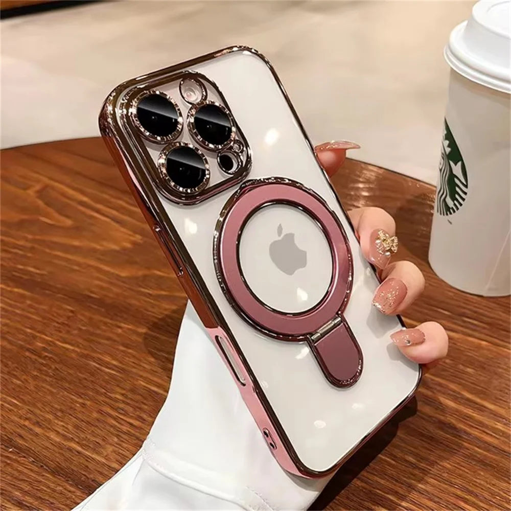 Luxury For Magsafe Bracket Case For iPhone 16 17 15 14 13 12 11 Pro Max 16 Plus Magnetic Ring Stand Holder Clear Acrylic Cover