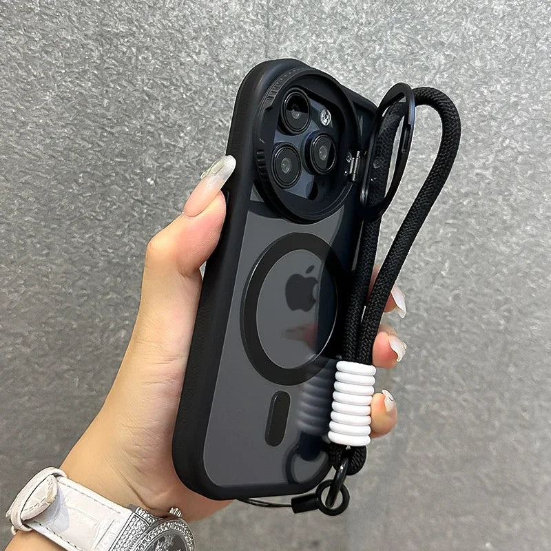 Fold Glass Lens Stand Magnetic Clear Case for iPhone 16 15 14 13 11 12 Pro Max Plus Wrist Strap Cord Shockproof Magsafe Cover