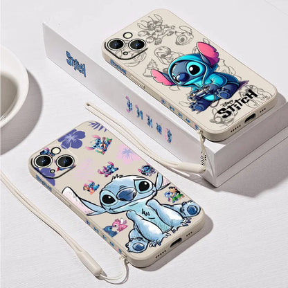 Stitch LOVE Flowers Cover For Apple iPhone 16 15 14 13 12 11 8 7 Pro mini Max Plus Liquid Left Rope Soft Phone Case