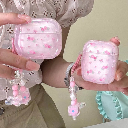 Cute Pink Flower Pattern Headphones Case For Airpods 4 Pro 2nd 3rd Generation Soft Cover For AirPods 1 2 3 With Pearl Keychain