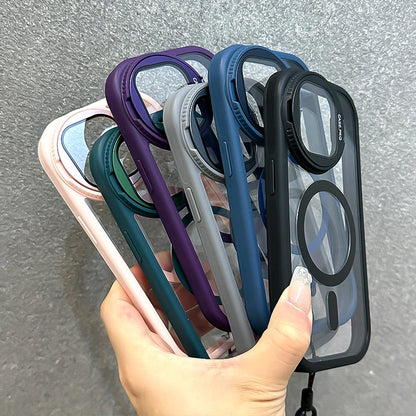Fold Glass Lens Stand Magnetic Transparent Case For iPhone 17 16 15 14 13 12 11 Pro Max For Magsafe Wrist Strap Shockproof Cover