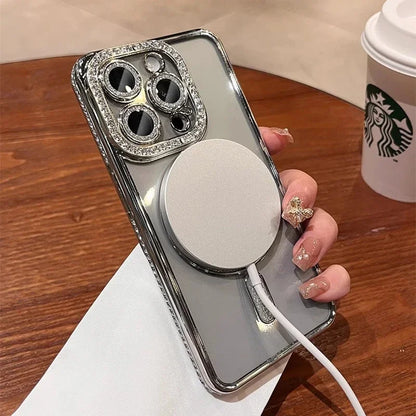 New Fashion Glitter Diamond Transparent Case For iPhone 16 15 14 13 17 12 Pro Max 16 Plus Magnetic Wireless Charge Bumper Cover