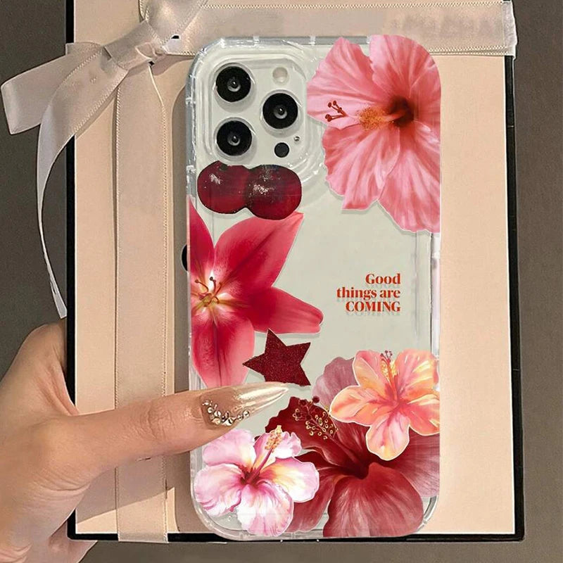 Cherry Flower Print Clear Case For iPhone 16 15 14 13 Pro Max 11 12 Mini X XR XS Max 7 8 Plus SE2 Stylish Shockproof Soft Cover