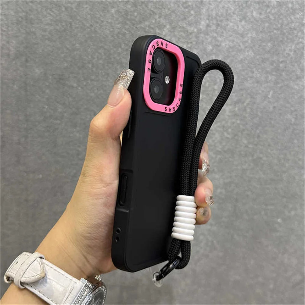 Luxury Wrist Strap Bracelet Lanyard Phone Case For iPhone 15 16 Pro Max 14 13 12 11 X XR XS Collision Color Lens Protector Cover