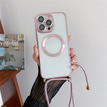 Plating Clear Magnetic For Magsafe Wireless Charging Cases For iPhone 16 15 14 17 12 13 Pro Max Crossbody Lanyard Necklace Cover