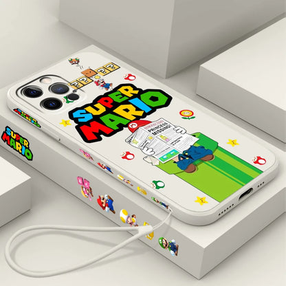 S-Super M-Marios B-Bros Cute Liquid Left Rope For Apple iPhone 15 14 13 12 11 XS XR X 8 7 SE Pro Max Plus Mini Funda Phone Case