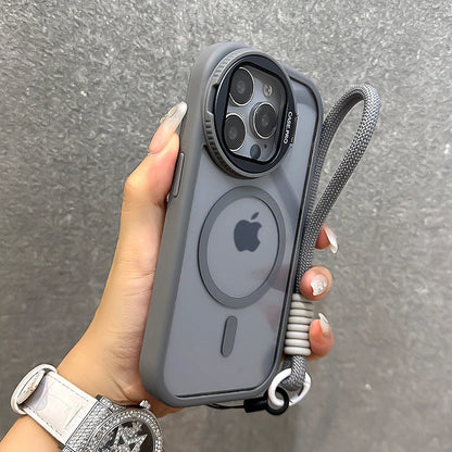 Fold Glass Lens Stand Magnetic Transparent Case For iPhone 17 16 15 14 13 12 11 Pro Max For Magsafe Wrist Strap Shockproof Cover