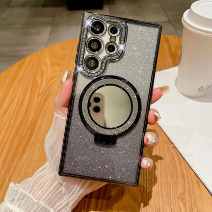 Luxury Diamond Clear Glitter Magsafe Case For Samsung Galaxy S25 S24 Ultra S23 S22 Plus Mirror Magnetic Phone Holder Stand Cover