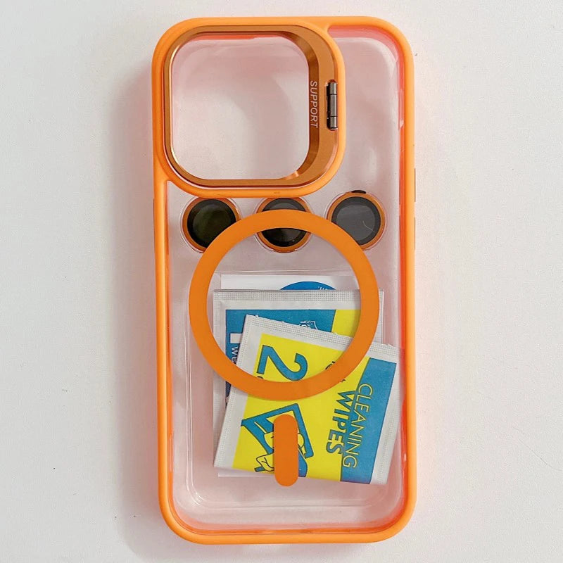 Luxury Magnetic Shockproof Phone Case For iPhone 15 14 13 12 11 16 17 Pro Max Plus 16E Funda Stand Glass Lens Protection Cover