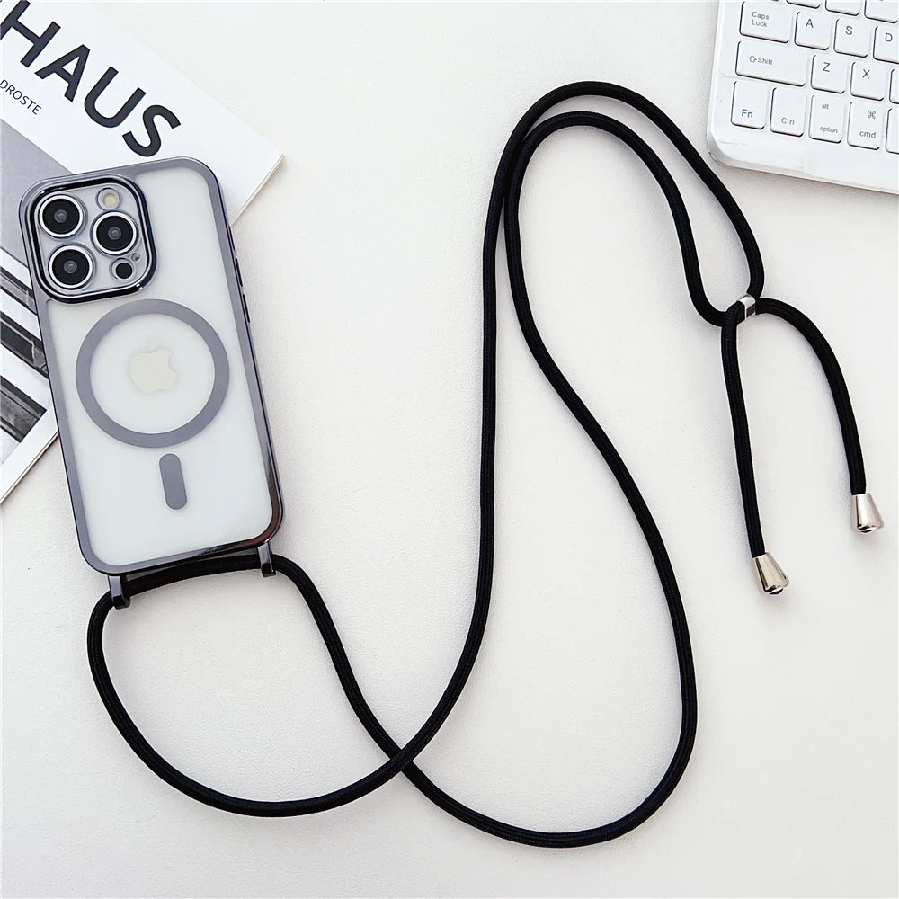 Luxury Necklace Cord Rope Lanyard Plating Magnetic Clear Phone Case For iPhone 16 14 11 12 13 15 17 Pro Max For Magsafe Cover
