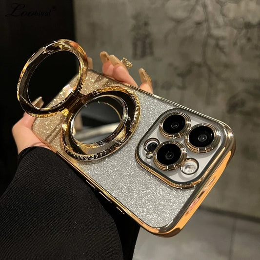 for Magsafe Glitter Mirror Gradient Case for iPhone 15 14 13 11 12 16 17 Pro Max Air Xr Xs 16 Plus Bracket Stand Make Up Cover