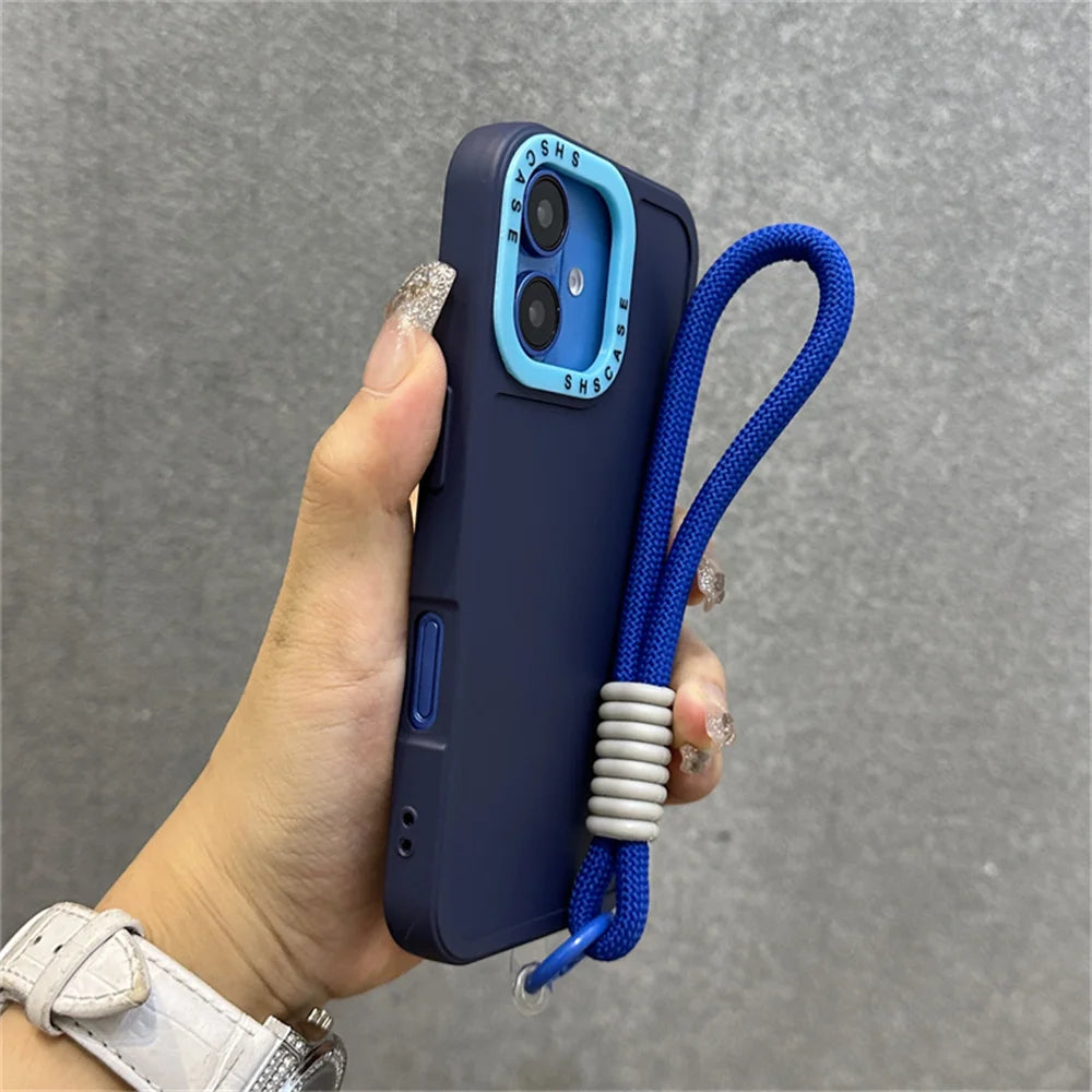 Luxury Wrist Strap Bracelet Lanyard Phone Case For iPhone 15 16 Pro Max 14 13 12 11 X XR XS Collision Color Lens Protector Cover