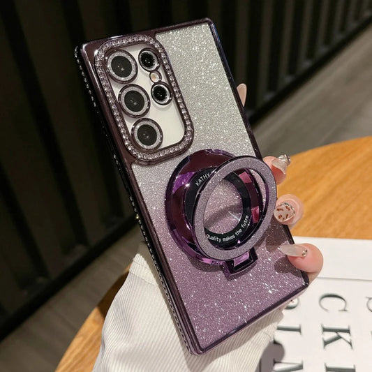 Luxury Magnetic Plating Stand Shockproof  Case For Samsung Galaxy S25 S24 S23 S22 Ultra Plus S24 FE Glitter Diamond BacK Cover