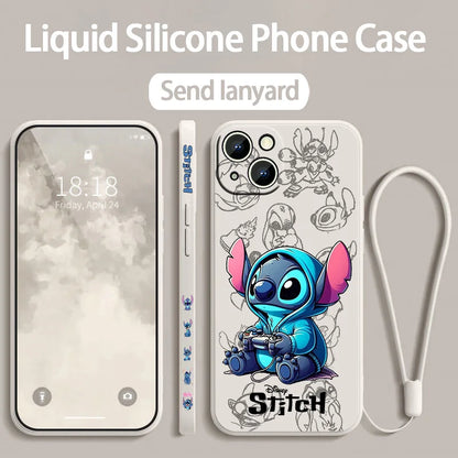 Stitch LOVE Flowers Cover For Apple iPhone 16 15 14 13 12 11 8 7 Pro mini Max Plus Liquid Left Rope Soft Phone Case