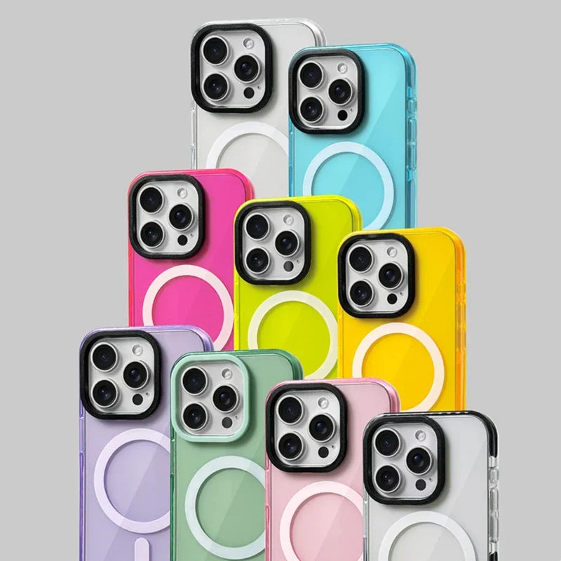 Neon Color Clear Crystal MagSafe Phone Case for iPhone 17 16 15 14 pro max 13 12 Wireless Charging Soft Silicone Bumper Cover