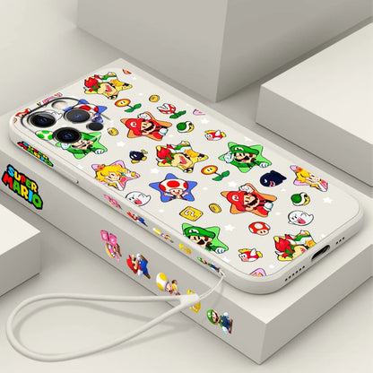 S-Super M-Marios B-Bros Cute Liquid Left Rope For Apple iPhone 15 14 13 12 11 XS XR X 8 7 SE Pro Max Plus Mini Funda Phone Case