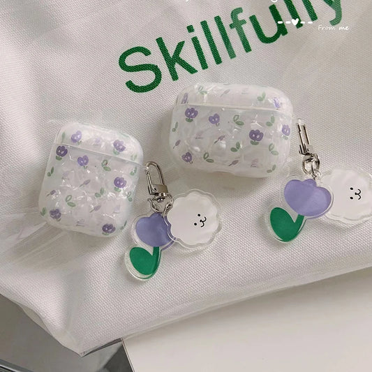 Wireless Bluetooth Case For AirPods1/2/4/3 AirPods pro pro2 Soft Flower Pattern Earphone Cover With Cute Lamb Tulip Key Chain