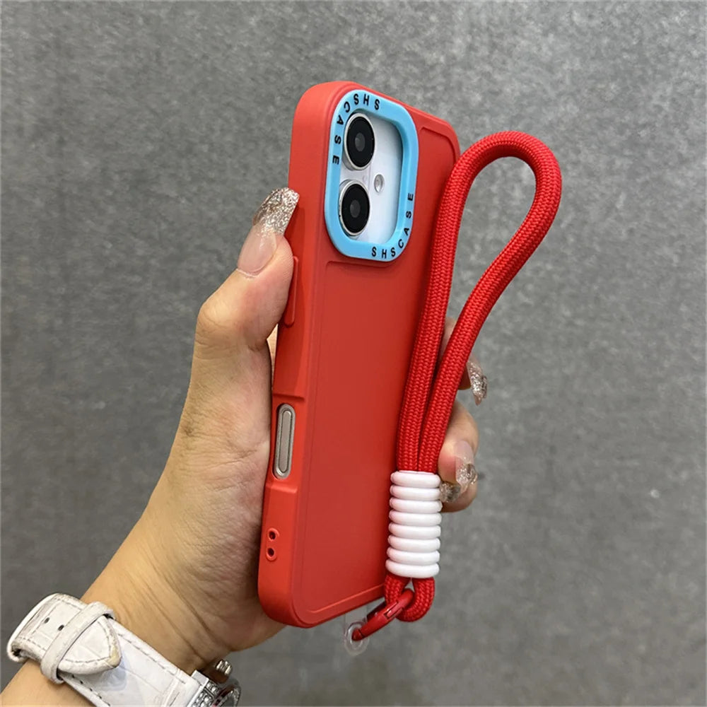 Luxury Wrist Strap Bracelet Lanyard Phone Case For iPhone 15 16 Pro Max 14 13 12 11 X XR XS Collision Color Lens Protector Cover