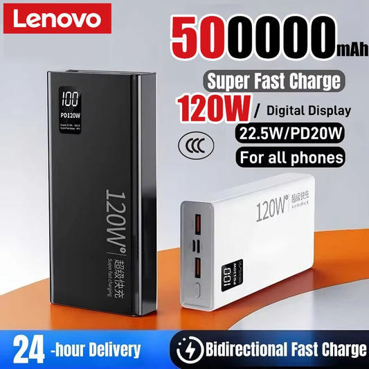 Lenovo 500000mAh 120W Power Bank High Capacity Fast Charging Powerbank Portable Battery Charger For iPhone Samsung Xiaomi Hot