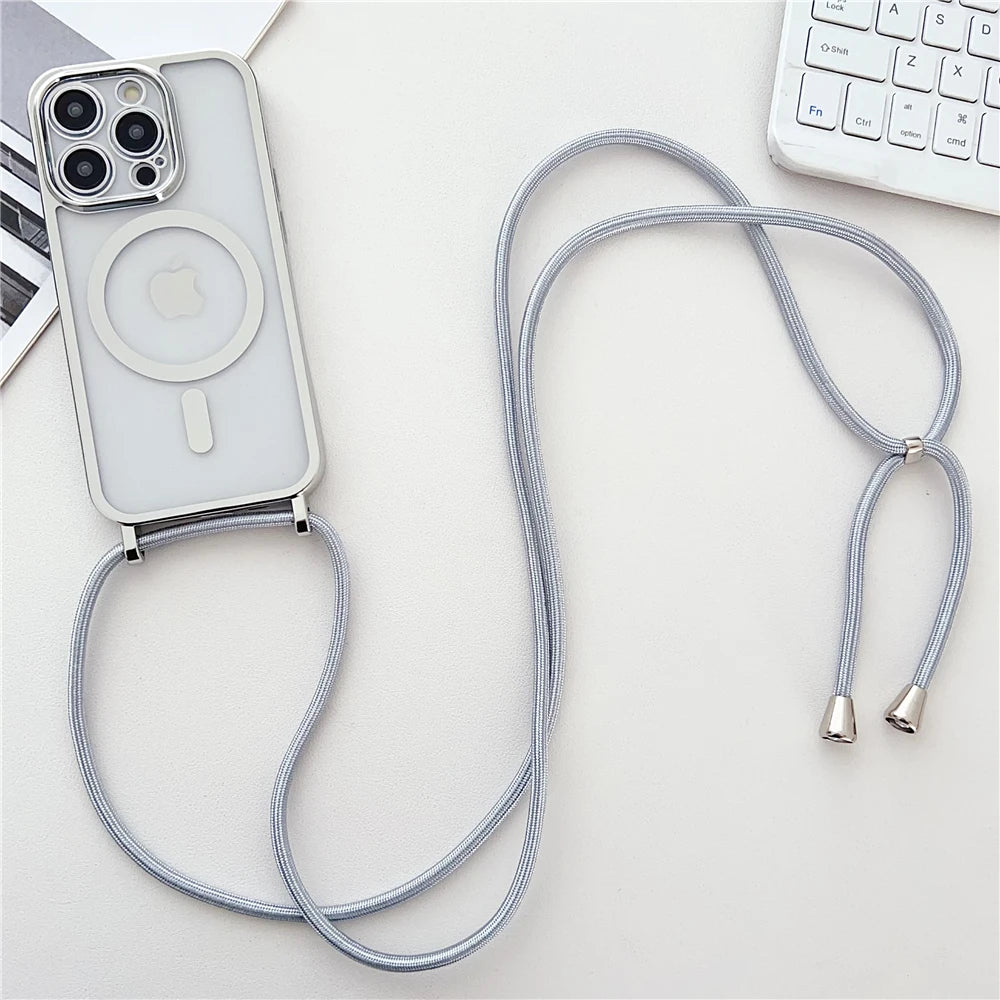 Luxury Necklace Cord Rope Lanyard Plating Magnetic Clear Phone Case For iPhone 16 14 11 12 13 15 17 Pro Max For Magsafe Cover