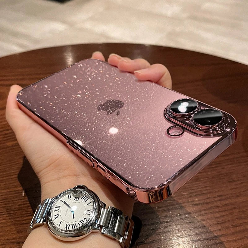 Luxury Glitter Transparent  PC Plating Case for iPhone 17 16 15 14 Pro Max Plus 13 11 12 Bling Clear Shockproof Ultra Slim Cover