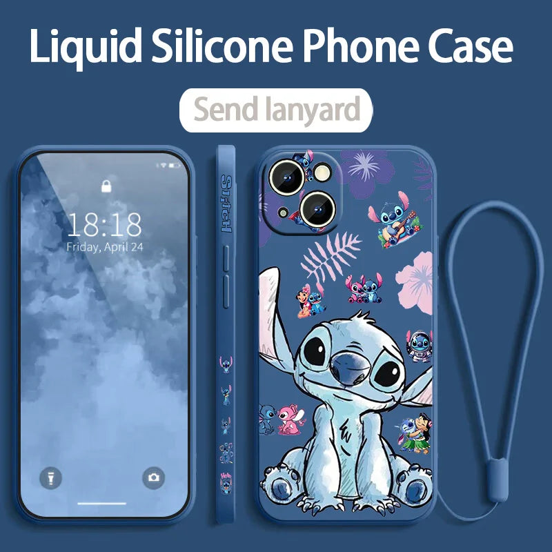 Stitch LOVE Flowers Cover For Apple iPhone 16 15 14 13 12 11 8 7 Pro mini Max Plus Liquid Left Rope Soft Phone Case