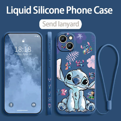 Stitch LOVE Flowers Cover For Apple iPhone 16 15 14 13 12 11 8 7 Pro mini Max Plus Liquid Left Rope Soft Phone Case