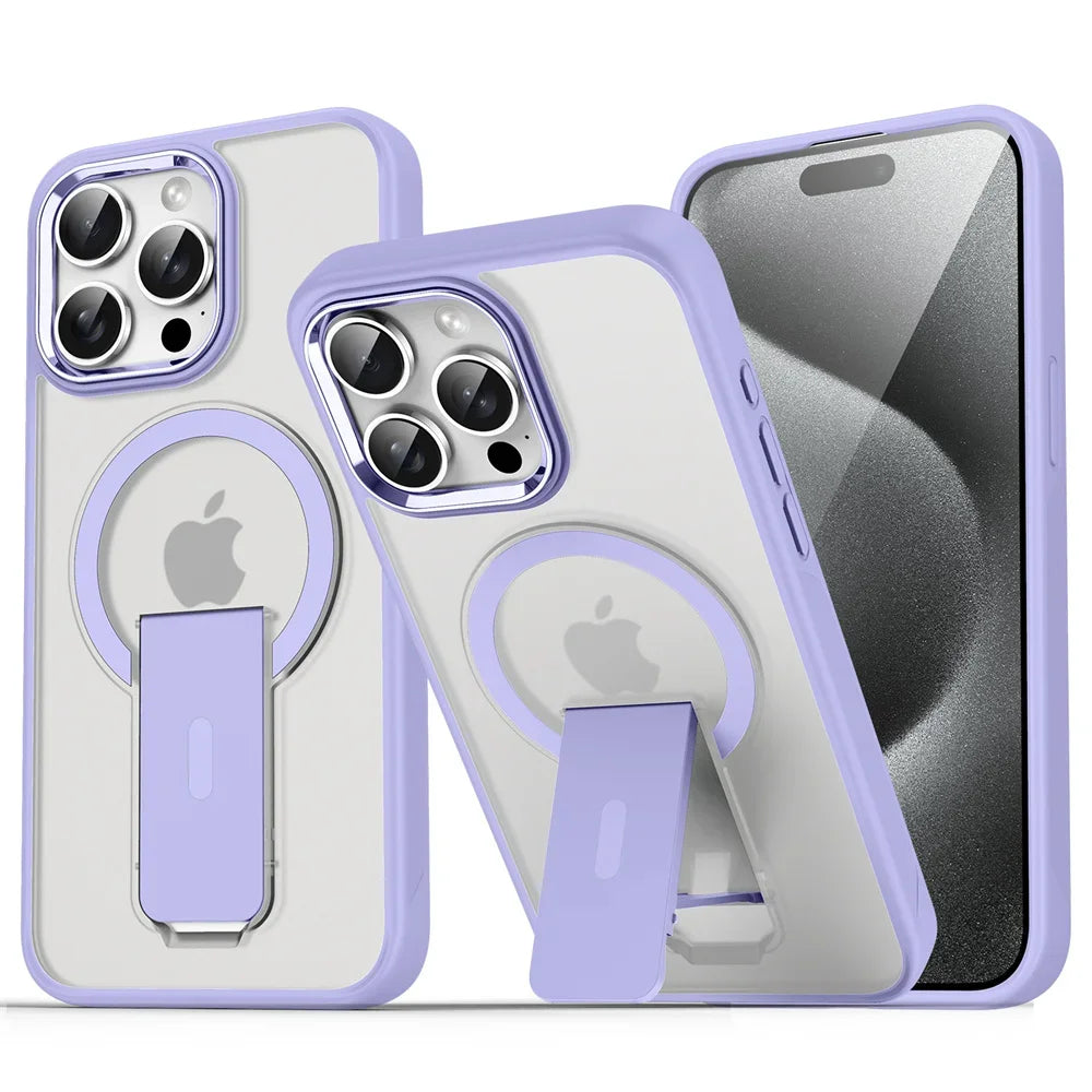 Luxury For Magsafe Folding Stand Magnetic Phone Case For iPhone 16 15 14 13 12 17 Pro Max Plus Matte Translucent Back Cover Caps