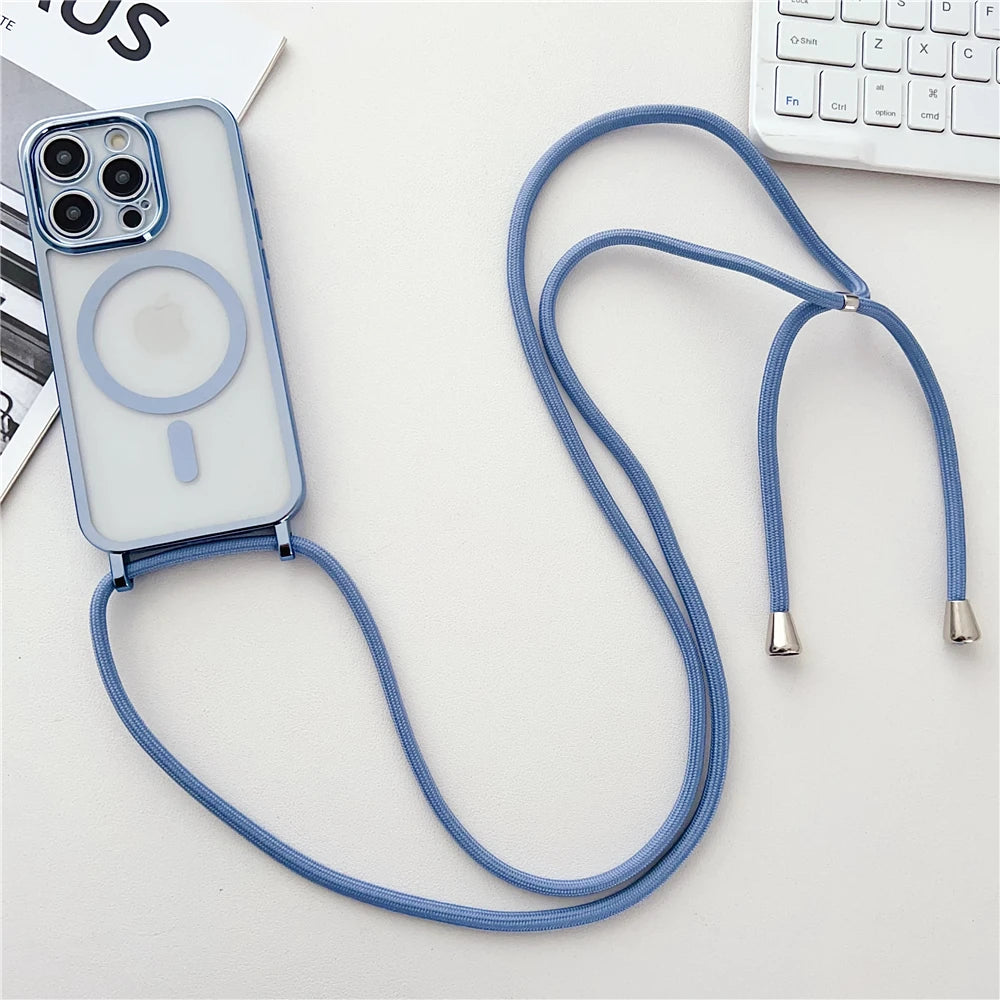 Luxury Necklace Cord Rope Lanyard Plating Magnetic Clear Phone Case For iPhone 16 14 11 12 13 15 17 Pro Max For Magsafe Cover