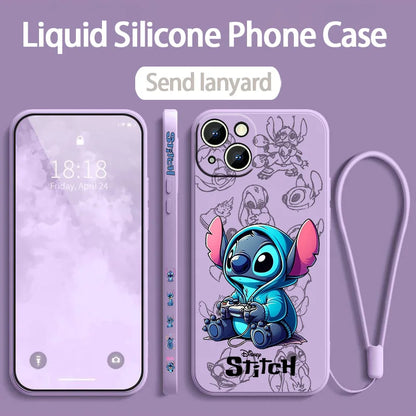 Stitch LOVE Flowers Cover For Apple iPhone 16 15 14 13 12 11 8 7 Pro mini Max Plus Liquid Left Rope Soft Phone Case