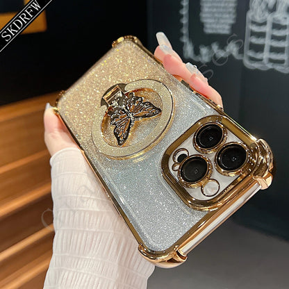 Luxury Butterfly Glitter Holder With Lens Film Phone Case For iPhone 11 12 13 14 15 16 Pro Max Plus Four Corner Anti Fall Cover