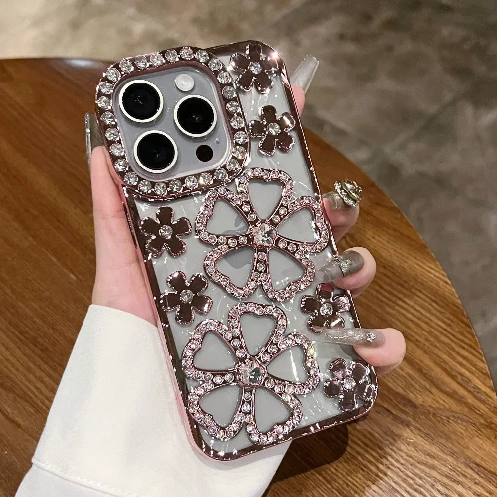 Glitter Diamond Flower Plating Case for iPhone 16 15 14 Pro Max 12 13 11 X Xr Xs 7 8 Plus Bling Rhinestone Soft TPU Clear Cover