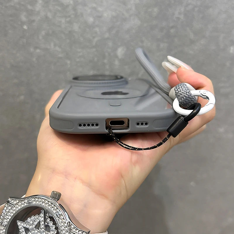 Fold Glass Lens Stand Magnetic Transparent Case For iPhone 17 16 15 14 13 12 11 Pro Max For Magsafe Wrist Strap Shockproof Cover