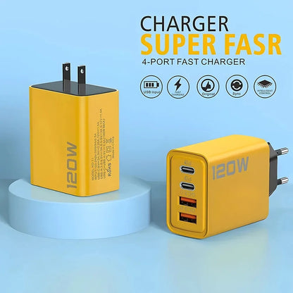 120W 4 Port USB Type C Charger Fast Charging Data Cable USB Phone Charger Adapter for Samsung iPhone Xiaomi Huawei Wall Charger