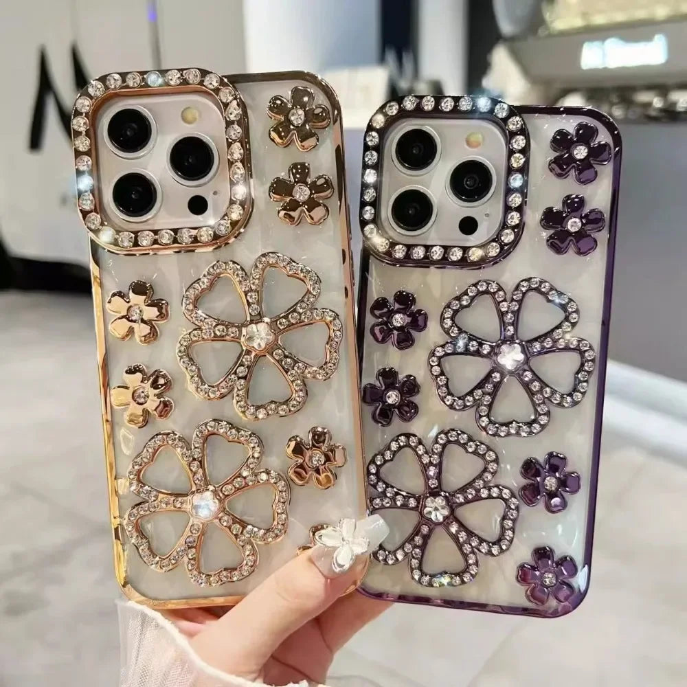 Glitter Diamond Flower Plating Case for iPhone 16 15 14 Pro Max 12 13 11 X Xr Xs 7 8 Plus Bling Rhinestone Soft TPU Clear Cover